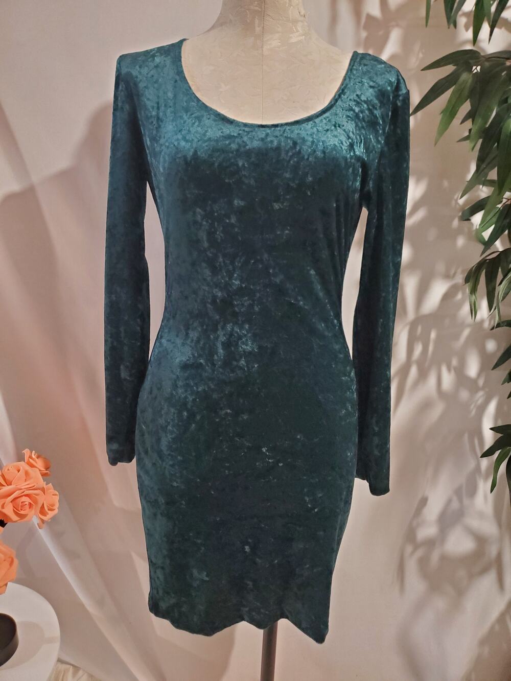 Vtg Stefano International 90s Crushed Velvet Long Sleeve Dress M Emerald Green